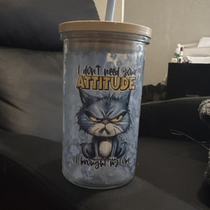 Clear Glass Tumbler w/ Bamboo Lid & Straw, Cat Attitude Quote Graphic 11-20 oz