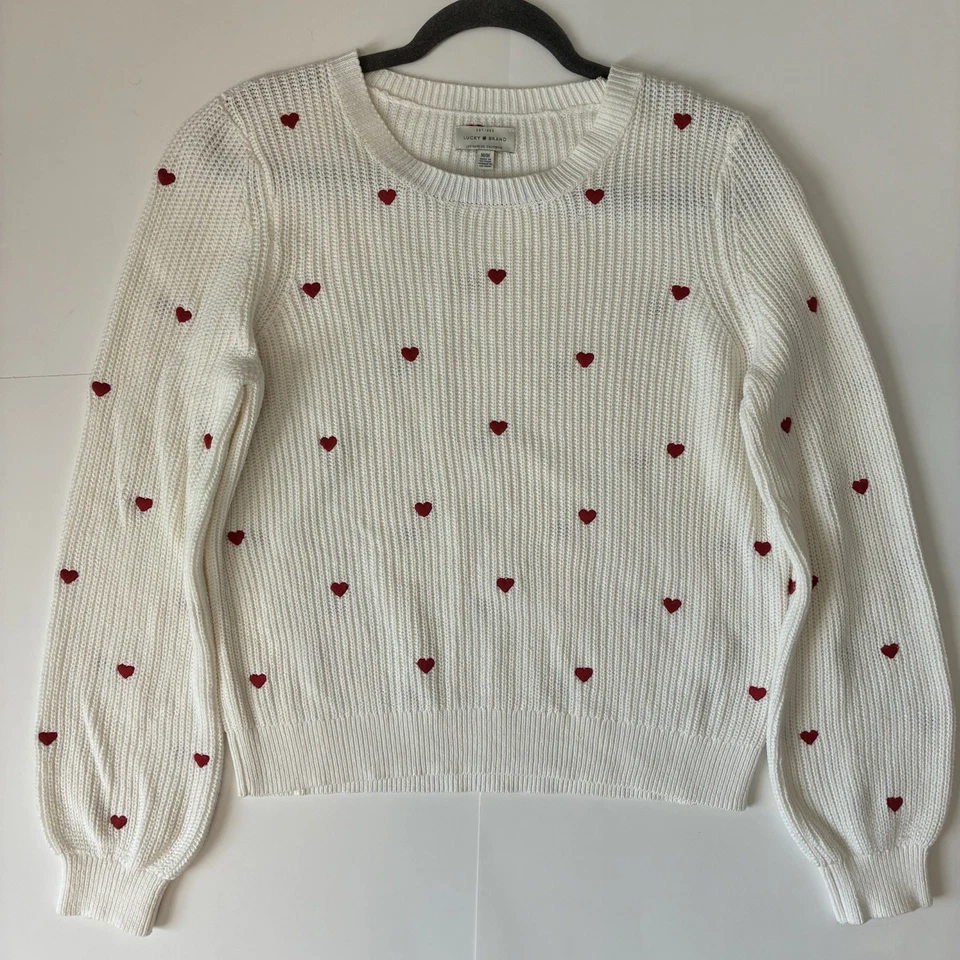 Lucky Brand Womens Ribbed Knitted White Sweater W/ Red Hearts Embroidered Medium - Image 3 of 4