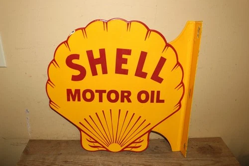 Vtg Shell Motor Oil Gas Station 2 Sided 19" Porcelain Metal Flange Sign NICE