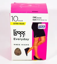 L'eggs Everyday Knee Highs One Size NUDE Reinforced Toe 10 pairs 43592