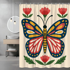 Butterfly Floral Shower Curtain Boho Folk Art Print