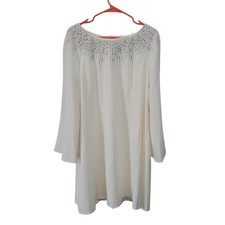 Calvin Klein Womens 14 Shift Dress White Rhinestone Embellished Long Sleeve