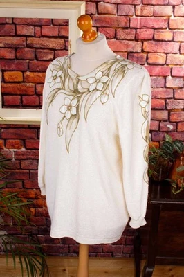 Vintage Boho Pullover Pulli creme Blätter Herbst Frühling orig 90er L - Bild 1 von 4