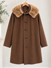 Vintage 1960s Brown Coat Medium Real Fur Collar ILGWU Wool Blend Pleated Back