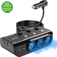 8 in 1 Car Cigarette Lighter Splitter 3 Socket 12V 24V Dual USB C PD Charger