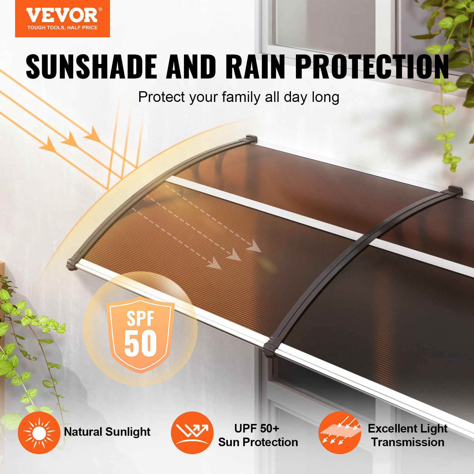 VEVOR Window Door Awning Canopy UV Rain Cover 38" x 117" PC Sheet Brown