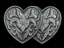 SA13162 NOS VINTAGE 1992 FLORAL ORNAMENTAL TWO HEARTS WESTERN FASHION BUCKLE