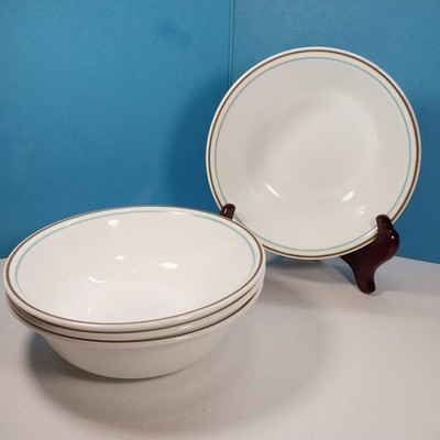 Set 4 Corelle Vitrelle Tree Bird Cereal Soup Bowls Blue & Brown Stripes