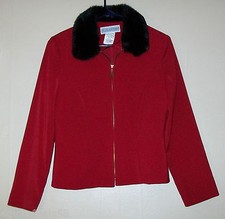 Womens Dark Red Jacket Zipper Front Black Faux Fur Collar Tailored Size 10