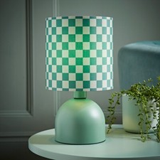 Miley Green Checkerboard Print Bedside Table Lamp Drum Shade Bedroom Light LED