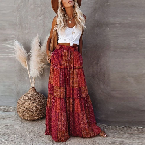 Bohemian Rock Patchwork Langrock Boho Ethno Print Maxi Retro A-Linie Plissee - Bild 23 von 40