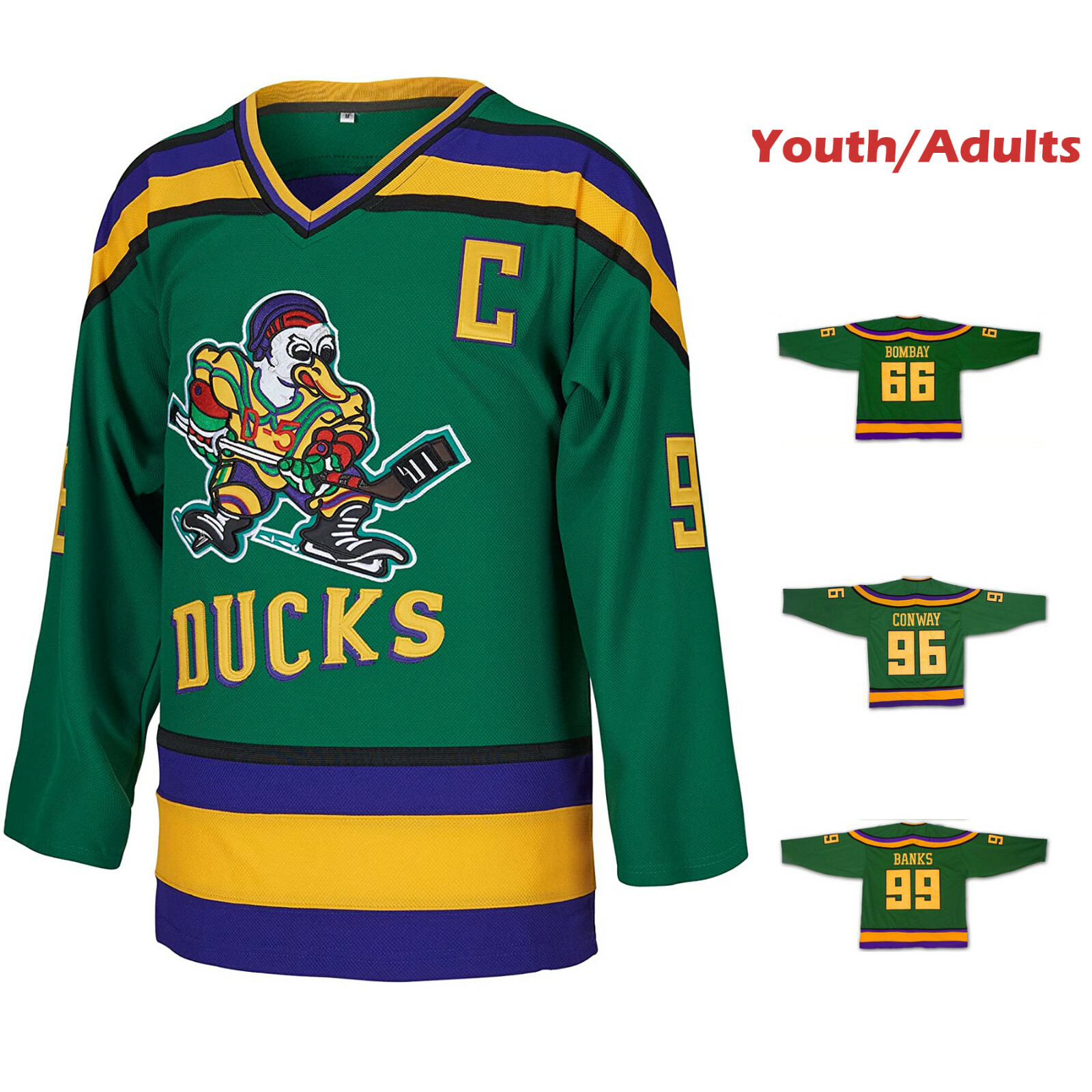 JerseyCreater Customizable Mighty Ducks 96 Charlie Conway 33 Greg Goldberg 99 Adam Banks 66 Gordon Bombay Basketball Jersey;Youth Kids Men's Size Any Name