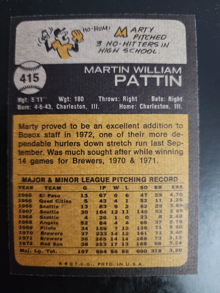 1973 TOPPS MARTY PATTIN #415 BOSTON RED SOX VINTAGE MLB BASEBALL NEARMINT - Image 2 of 2