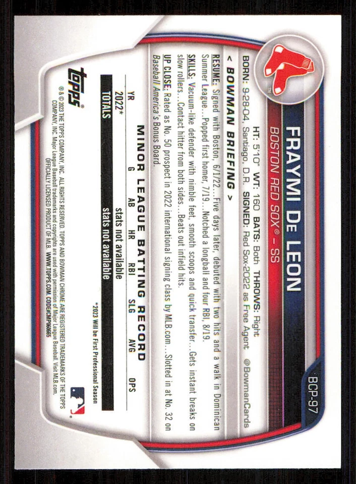2023 Bowman Chrome Prospects #BCP97 Fraymi De Leon - Image 2 of 2