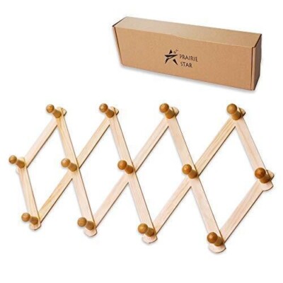 2 Pack Wooden Wall Hanger, Expandable Coat Rack Accordion Wall Hanger with 13 Peg Hooks for