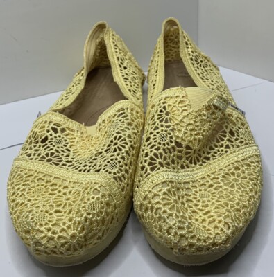 Toms Shoes Women Slip On Yellow Alpargata Crochet Canvas