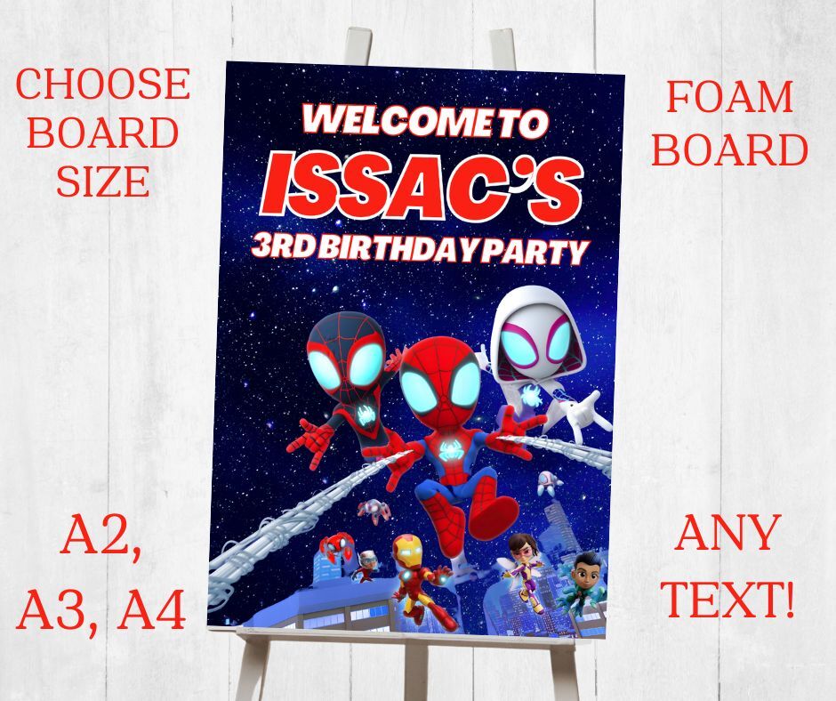 Cartel de evento de tablero de espuma impreso personalizado SPIDEY THEME CUMPLEAÑOS A2 A3 A4