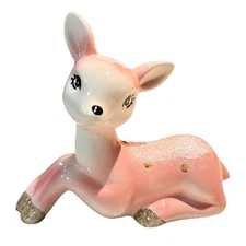 Christmas Pink Gold Glitter Sitting Deer Ceramic 6" Kitsch Kitschy