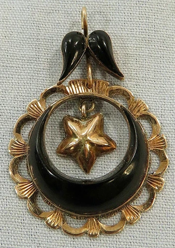 ANTIQUE 10K ROSE GOLD BLACK ONYX JET CRESCENT MOON STAR ROUND PENDANT
