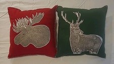 2 Christmas Deer  Moose Tapestry/Felt Pillows Green Red Embroidery Textured 18"