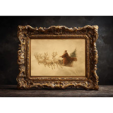 Santa Claus Sleigh with Reindeer Poster Vintage Rustic Christmas Wall Decor