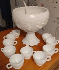 Vintage Westmoreland Milk Glass Grape Punch Bowl and 10Cups