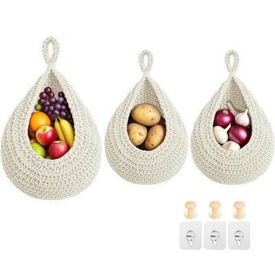 Hanging Fruit Baskets for Kitchen, 3 Pack Boho Cotton Rope Handwoven Vegetabl...