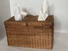 VTG Wicker Tissue Box Holder Double Woven Rattan 6.5”T X 11”W X 6”D 2 Hinged Lid