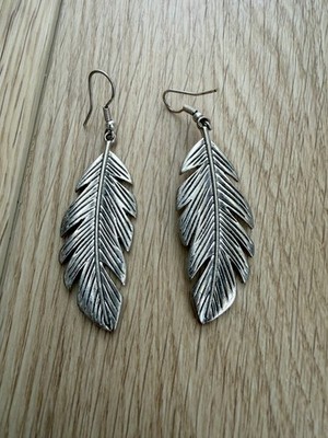 Silver Plate Feather Dangle Earrings Boho Statement Drop Hook 2.5in