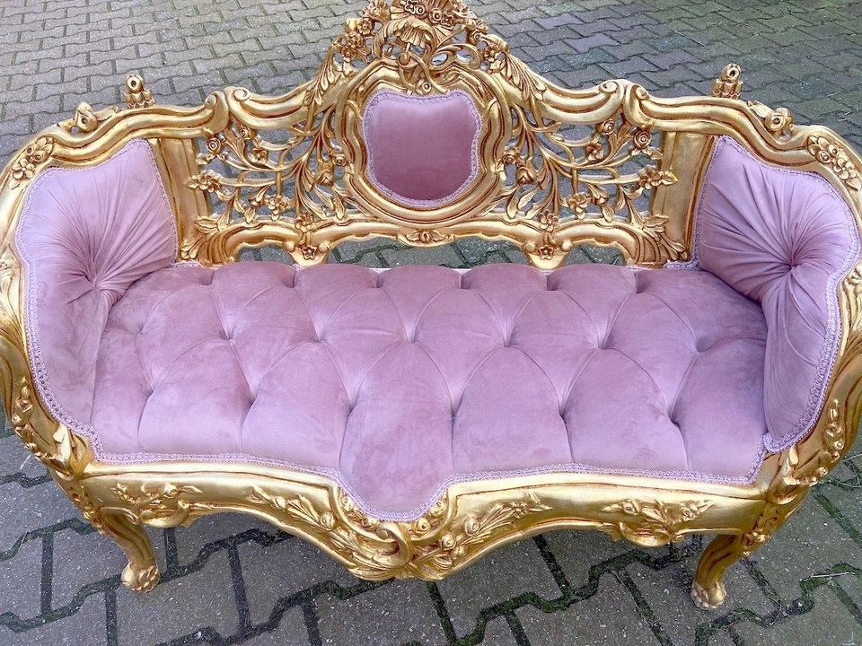 Sofá - Sofá antiguo francés Luis XVI en terciopelo rubor con marco de haya dorado Foto 3 de 4