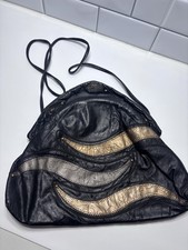 Vintage 80's Metallic Patchwork Black Gold Faux Leather Crossbody Shoulder Bag