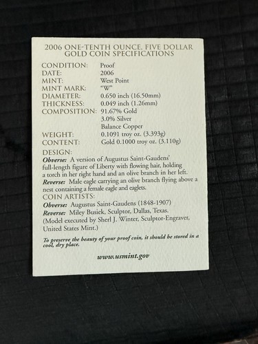 2006-W Proof $5 American Gold Eagle 1/10th Oz With COA NO outer box