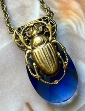 Scarab Necklace Egyptian Revival Brass Beetle & Vintage Blue Glass Pendant