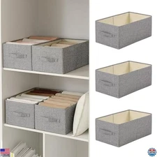 Dark Grey Linen Folding Storage Bins - 3 Large Washable Baskets with Handles