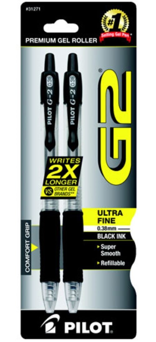 Pilot G2 Retractable Gel Pen 0.38mm Ultra Fine 2/Pk Black Office