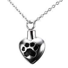 Pet Keepsake Jewellery, Black Paw Print Heart Shape Pendant Necklace Cremation