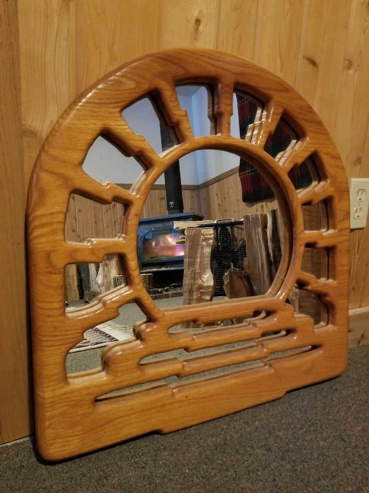 Espejo de pared bandera japonesa amanecer roble esculpido personalizado 24 x 24 budismo arte zen Foto 2 de 4