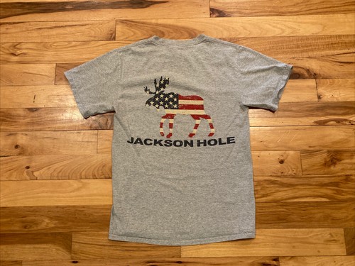 Jackson Hole Wyoming Gray USA Patriotic Moose Crew Cotton T-Shirt Mens Small - Picture 12 of 12