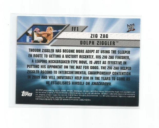 DOLPH ZIGGLER 2010 TOPPS WWE FAVORITE FINISHERS!-ZIG ZAG INSERT CARD #FF1 - Image 2 of 2
