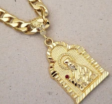 Men's Yellow Gold Plated Santa Barbara CZ Charm & 30in Long 10mm Cuban Chain Set
