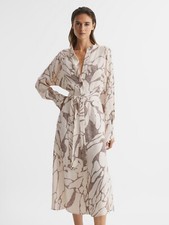 REISS PETITE Darcy Leopard Print Long Sleeve Belted Midi Shirt Dress in UK 12