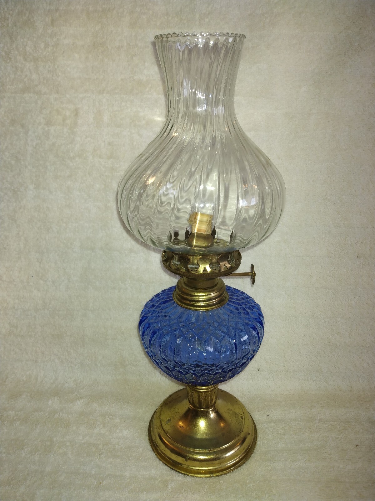 Vintage Cobalt Blue & Clear Glass Kerosene Oil Lamp Light with Metal