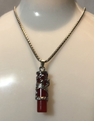 24in. Hot fashion beautiful Silver dragon Red Jade Pillar Pendant Necklace