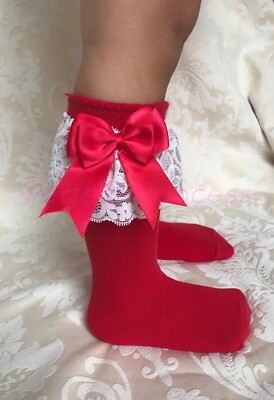Rote Weihnachtssocken - Spitze kniehoch spanische Schleife Mädchen/Rüschen - PERFEKTE PRINZESSIN