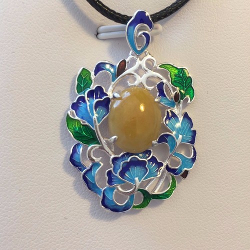 Natural Honey Yellow Jadeite Jade(Type A) 925 Silver & Enamel Pendant with Rope - Picture 7 of 12