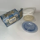 Vintage NOS Avon Victoriana Soap Dish and Soap  Blue Milk Slag Glass 5”