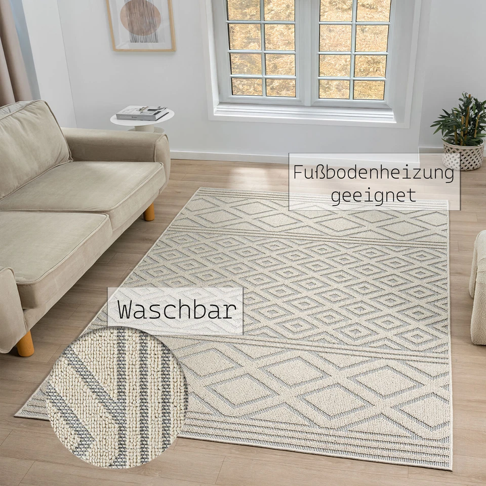 Teppich Boho Hochflor Wohnzimmer, Schlafzimmer, Küche, Flur, Waschbare Teppiche - Bild 1 von 1