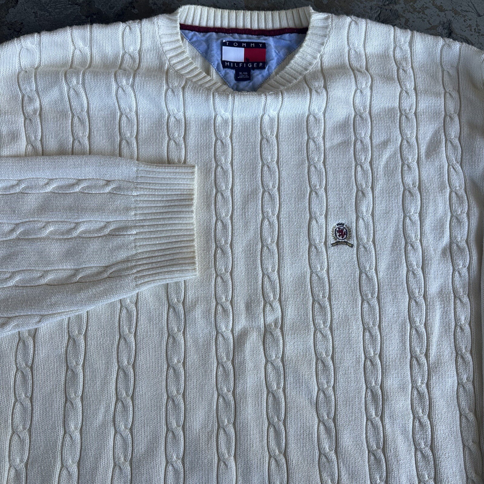 Vintage 90s Tommy Hilfiger Cream Cable Knit Sweater XL