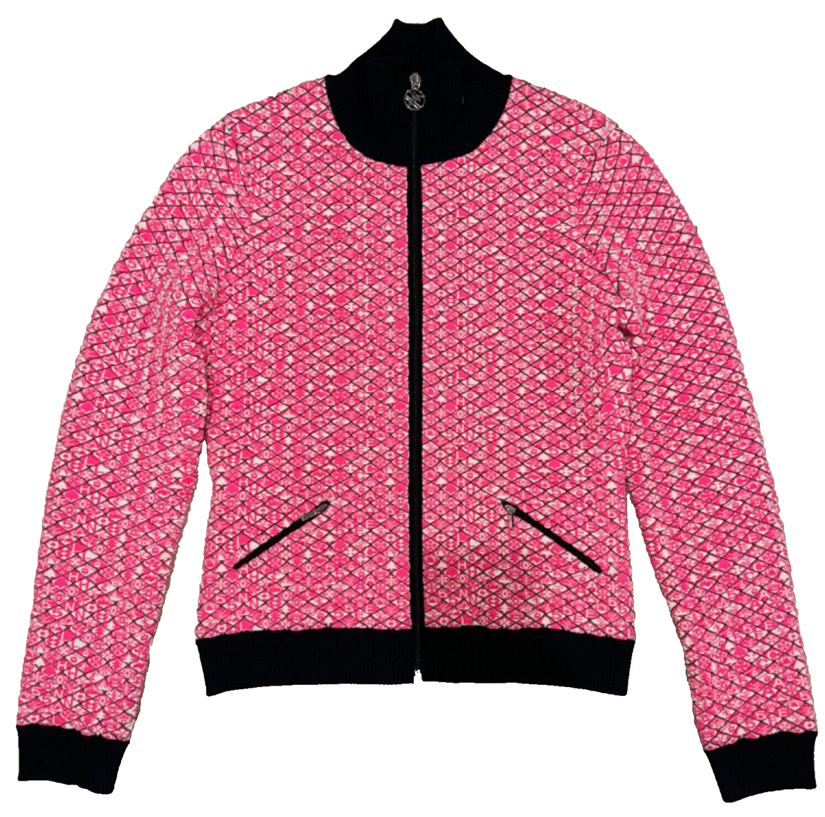 Chanel 19B Coco Neige Ski Pink Quilted Black Logo Wool Cardigan
