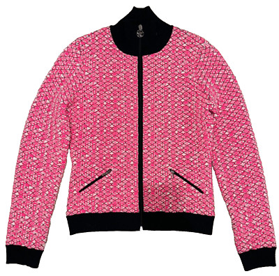 Chanel 19B Coco Neige Ski Pink Quilted Black Logo Wool Cardigan